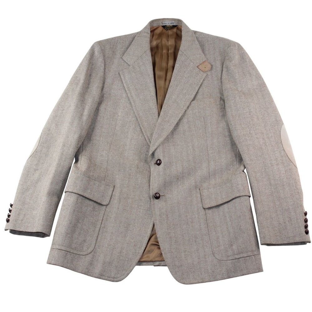 Sports Coat Mens 46L Wool Blend Elbow Patches Herringbone Lt Brown Single Vent